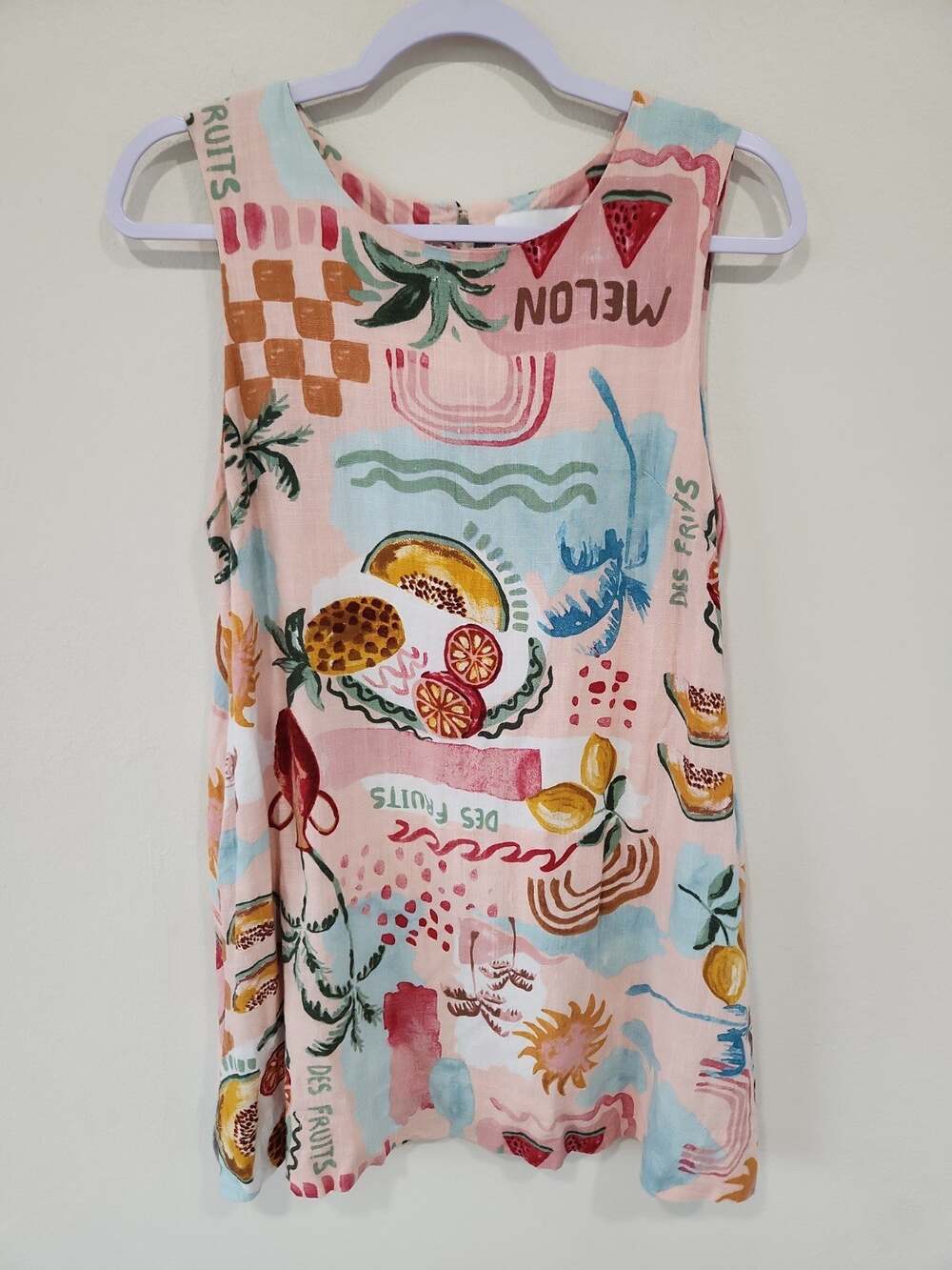 Paper Heart Linen Blend Fruit Print Mini Dress M Sleeveless Resort Coastal Boho